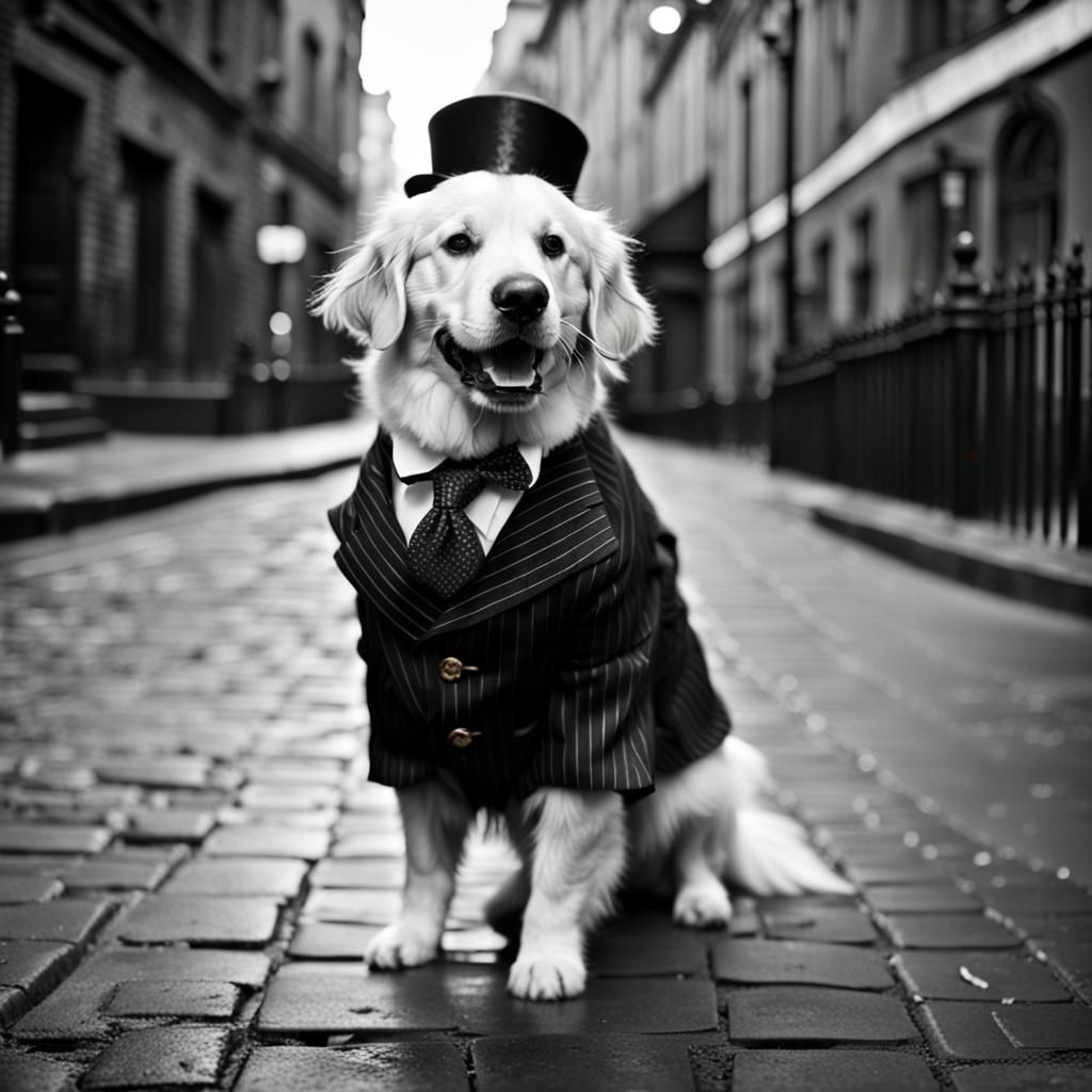 Golden retriever wearing a suit