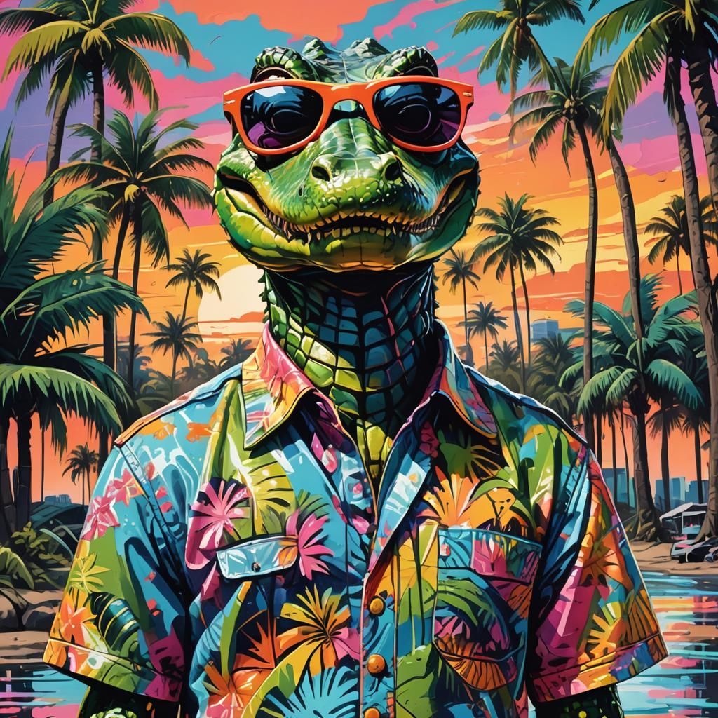 Alligator in Hawaiian Shirt: Vibrant Street Art