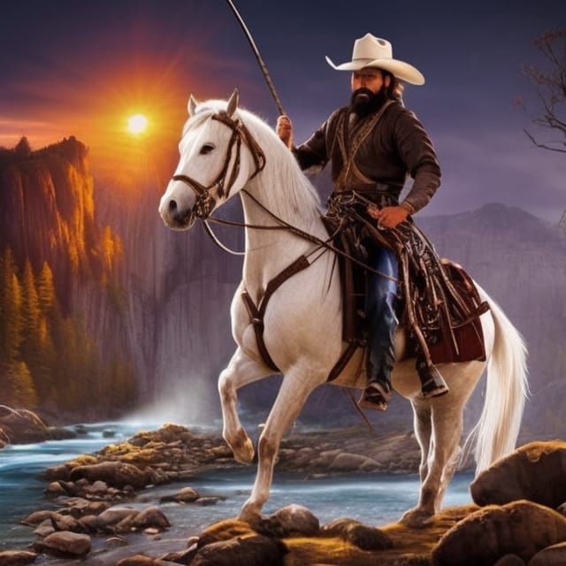handsome bearded cowboy riding beautiful white horse holding lasso and ...