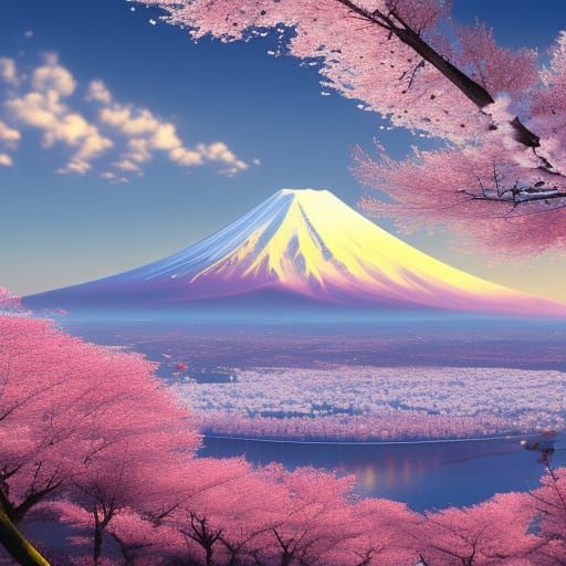 mount fuji at sunrise, cherry blossom trees - AI Generated Artwork ...