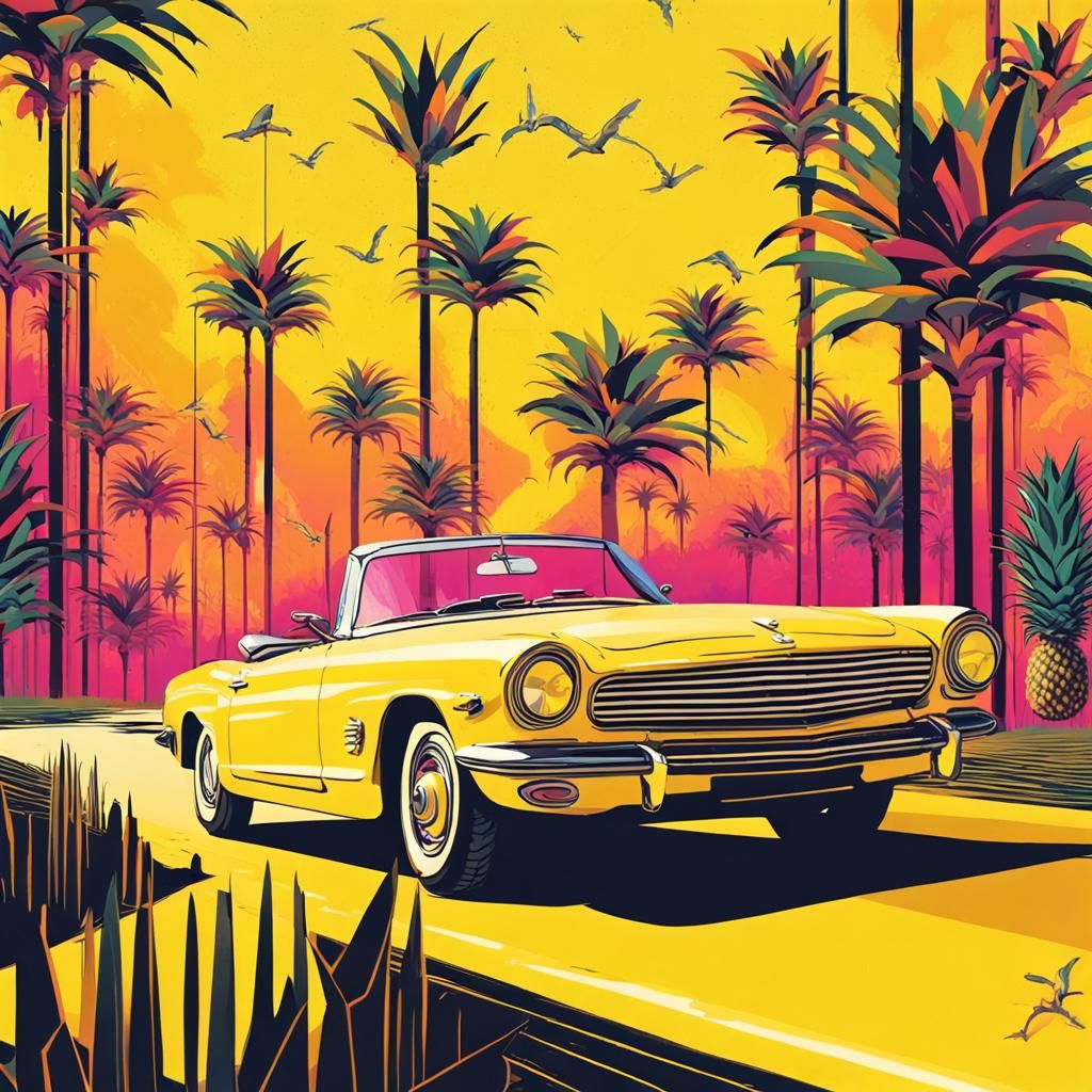 a yellow convertible driving down the road. zebras, flamingos and ...