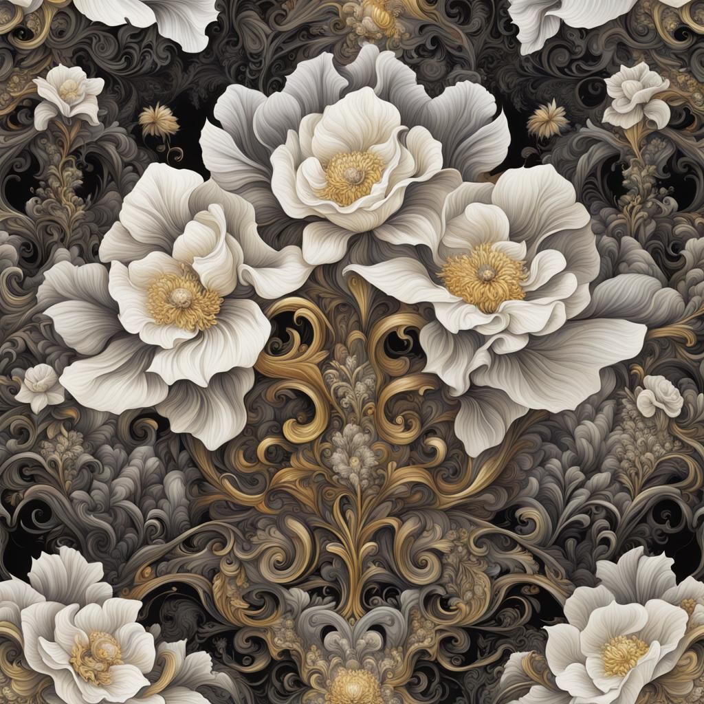 white, hues of gray, bone,and black flowers, with a hint of ...