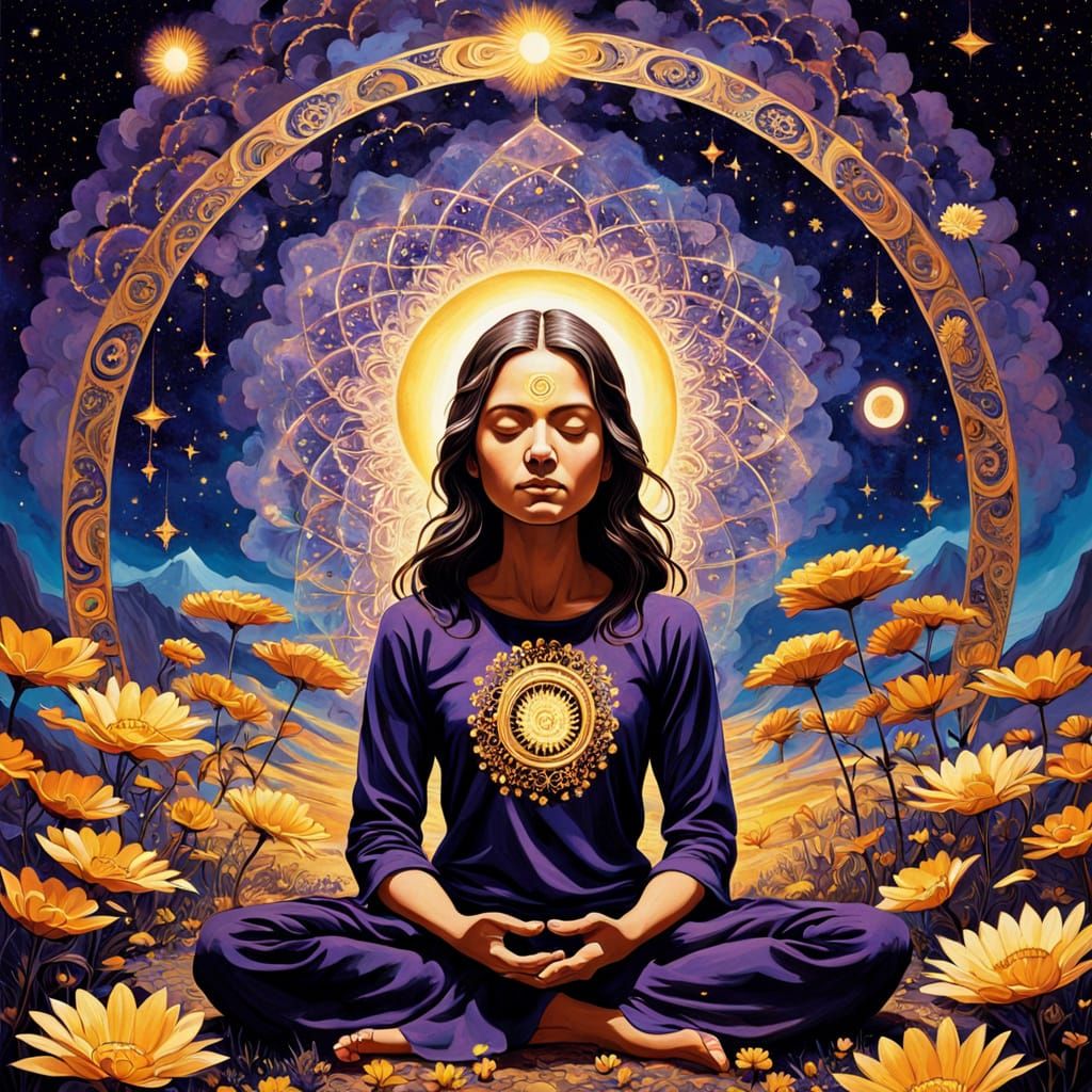 UNA MUJER MEDITANDO RODEADA DE FLORES DORADAS Y ESTRELLAS ORO RUBI