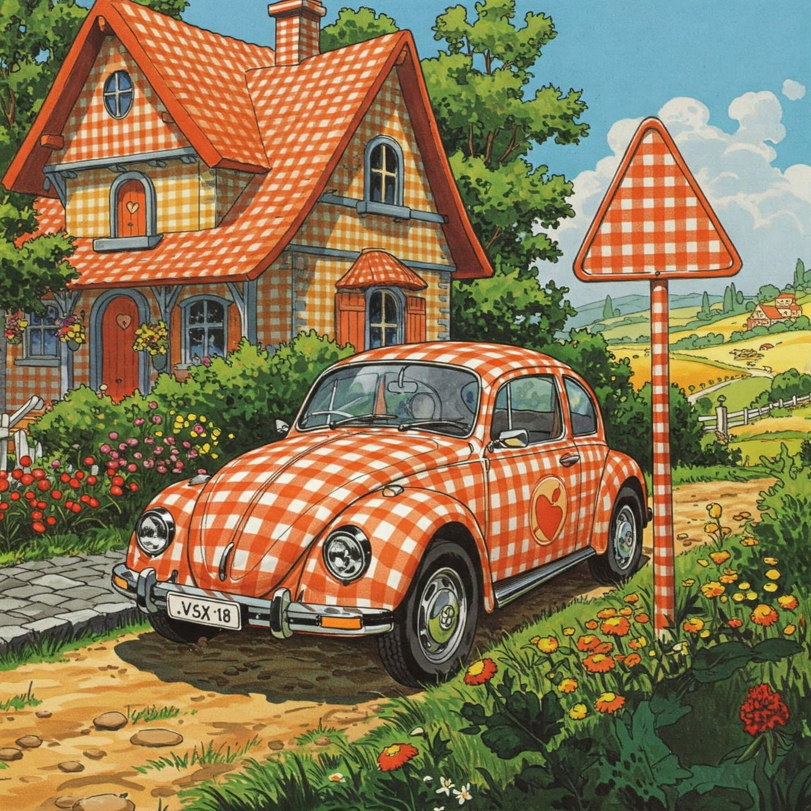 A gingham printed VW beetle  by @axelb