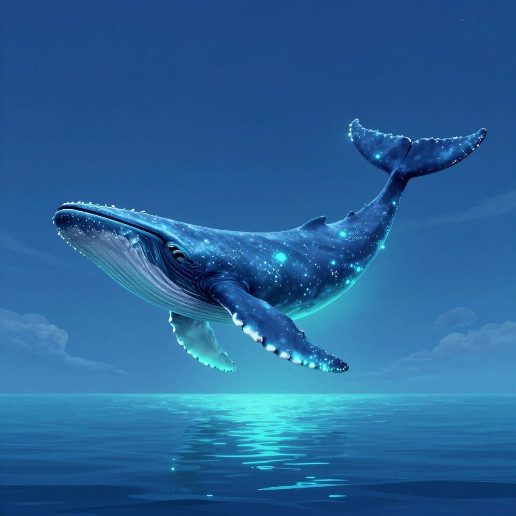 Celestial Whale in Twilight Sky Over Mirror Ocean