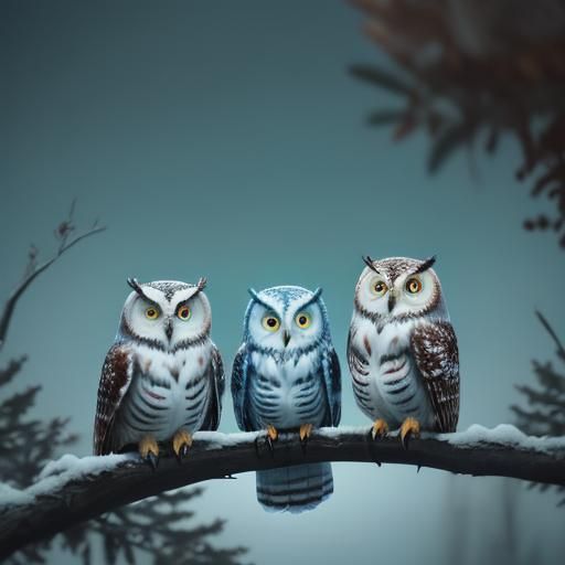 3 cute colorful fluffy owls sitting on a branch.