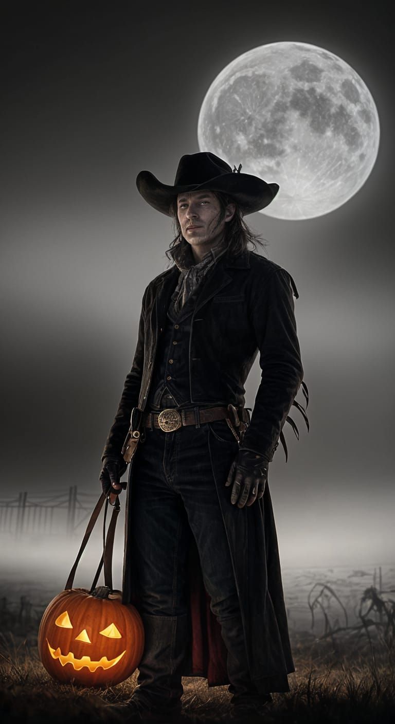 Spooky Cowboy Skeleton with Pumpkin Head