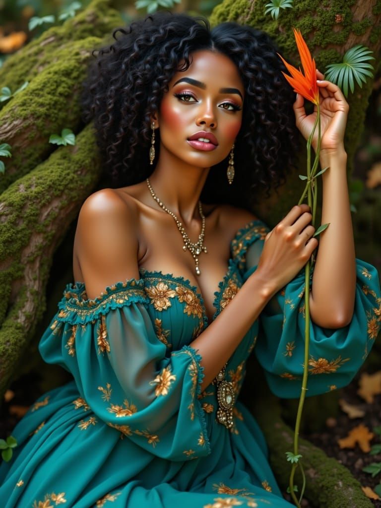 In the style of Nan Goldin. Photorealistic. Create an image with random fantasy and nature motifs with a beautiful woman of random ethnicity...