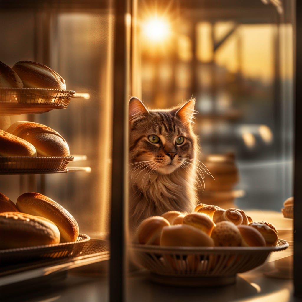 A cat try to sell bread