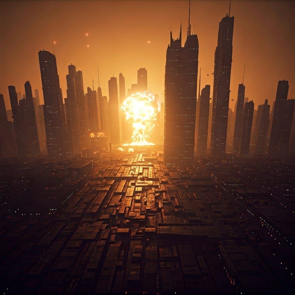 Surreal Cyberpunk Cityscape in Atomic Inferno