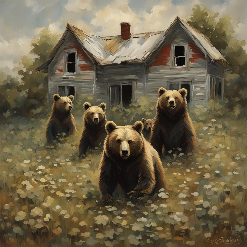 3 bears in overgrown field of abandoned house with chippy pa...