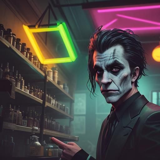 The Joker, Apothecary, Science Laboratory, Hero-Batman, Villain-Joker, Neon Green Hazardous Liquids, Cinematic film still, shot on v-raptor...
