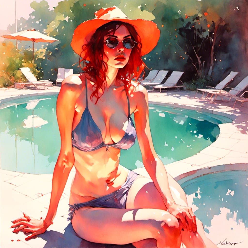 Voluptuous woman by the pool, highly detailed, 16k resolution <lora:LapiWatercolor:1.0>