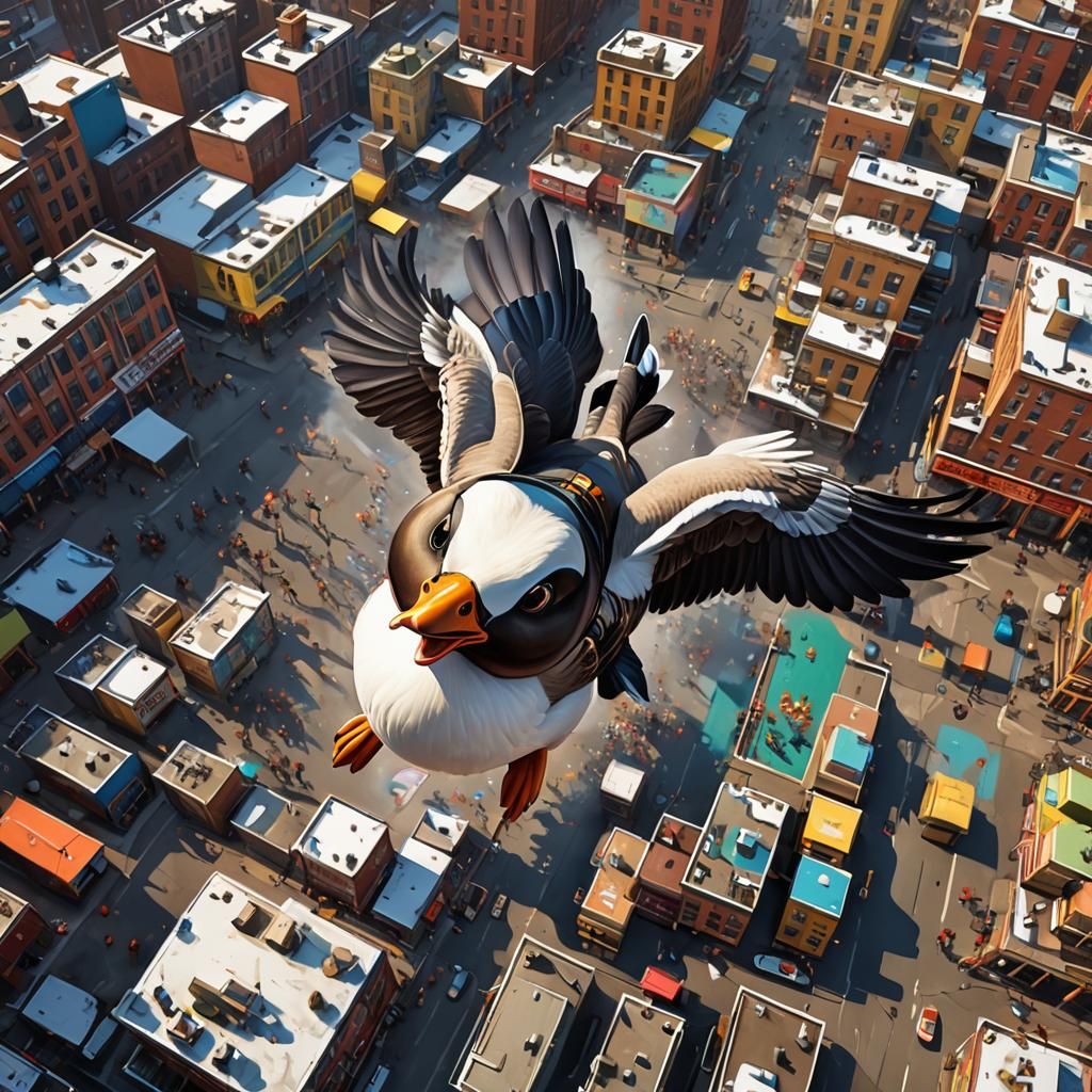 googly eyed goose, wearing beret, skydiving over crowded Con...