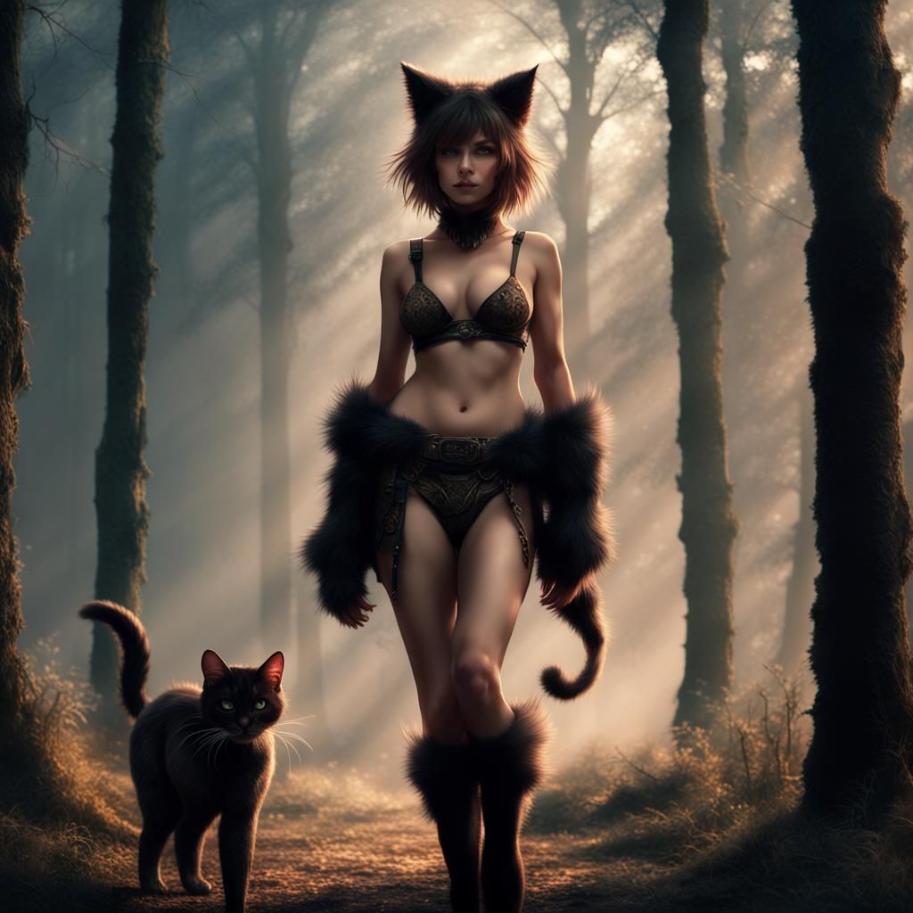 Wild catgirl in is strolling trough the forrest with her all...