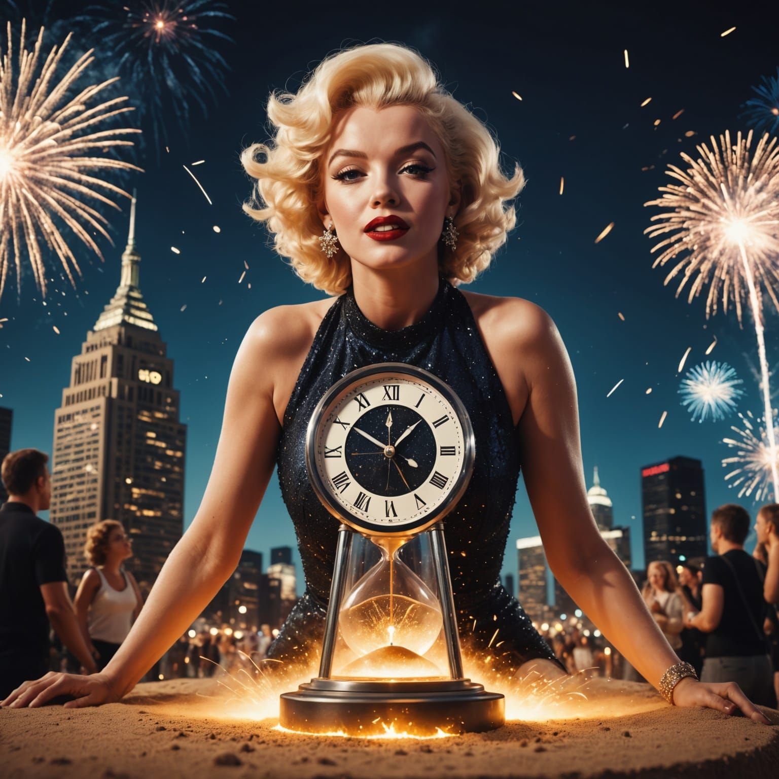Beautiful Marilyn Monroe beside 
giant sand timer. Top end of timer showing 2024 and bottom part showing 2025. Futuristic cityscape with dig...