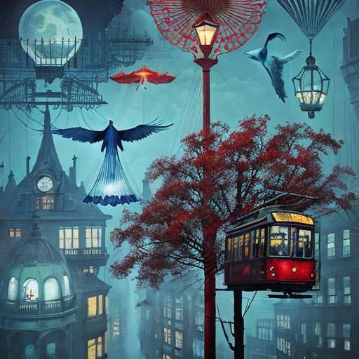 A surrealist dreamscape scene with a flying red tramway high in the sky on its way to the huge moon, ...  by @Evivi