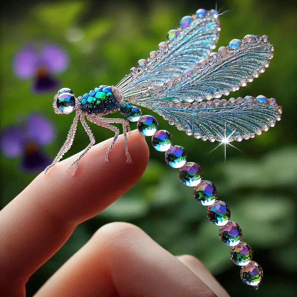A majestic beautiful crystal damselfly on a finger