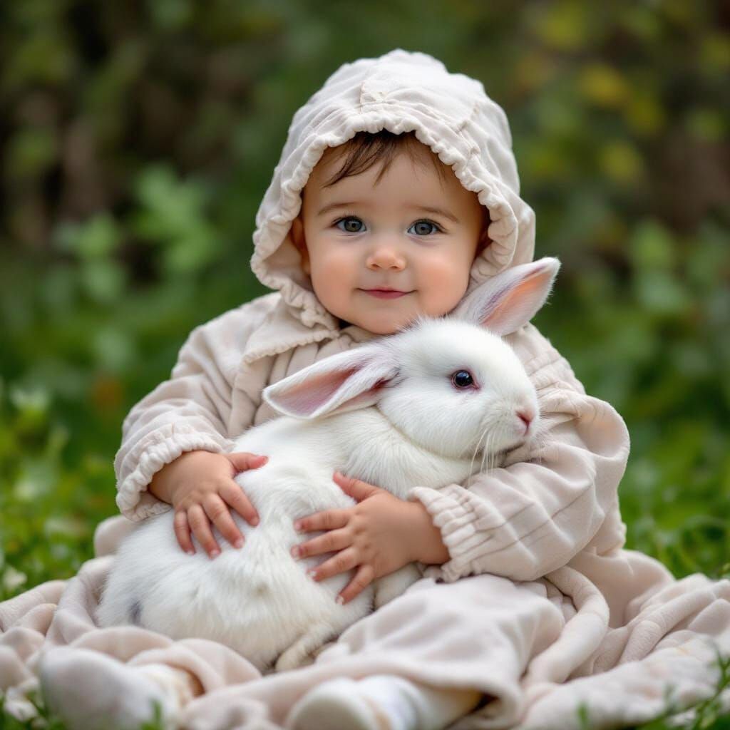Cute Baby Sleeping and Hugging a White Rabbit