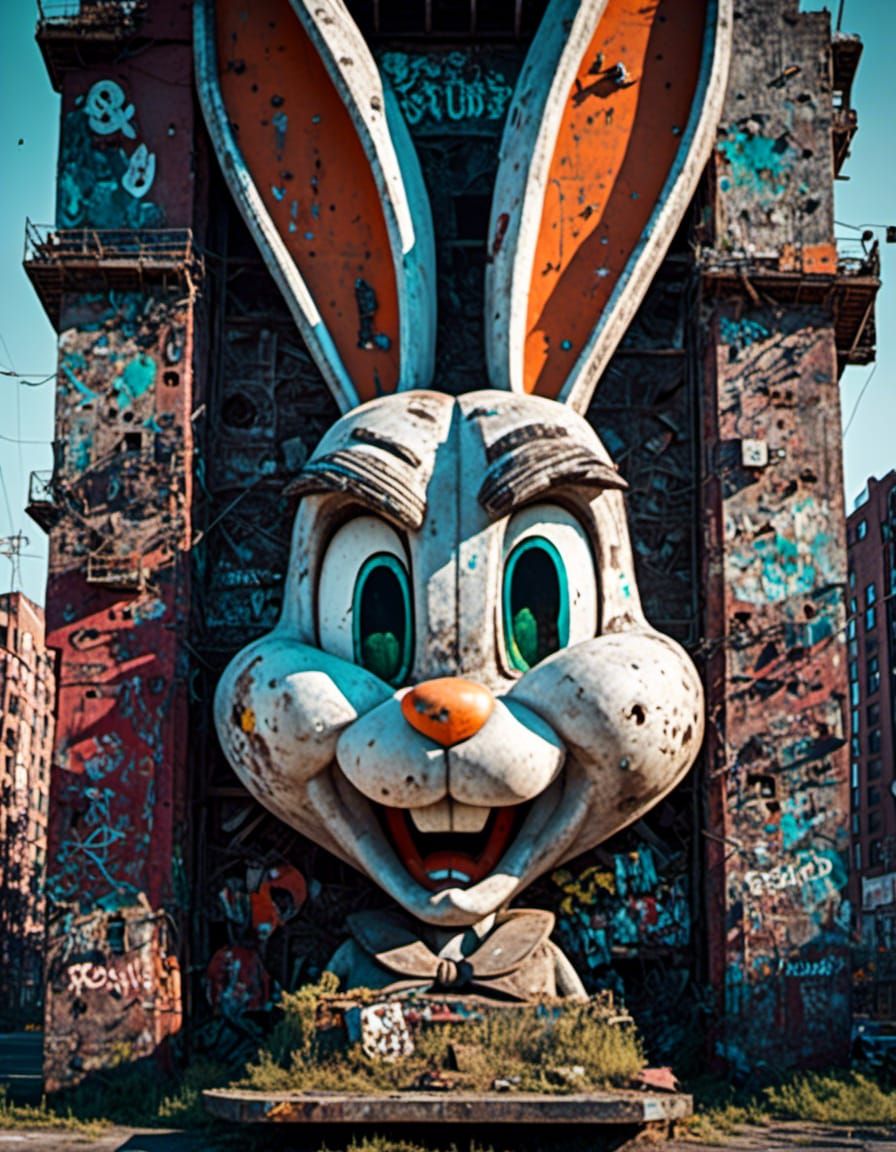 insanely detailed abandoned  bugs_bunny head monument in dystopian post-apoclyptic Manhattan in <lora:Dystopian:1.3>, rusty, sharp focus, be...