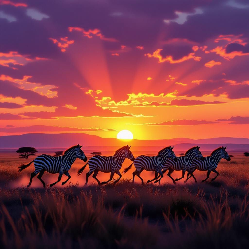 Silhouette of group of zebras running across savannah 