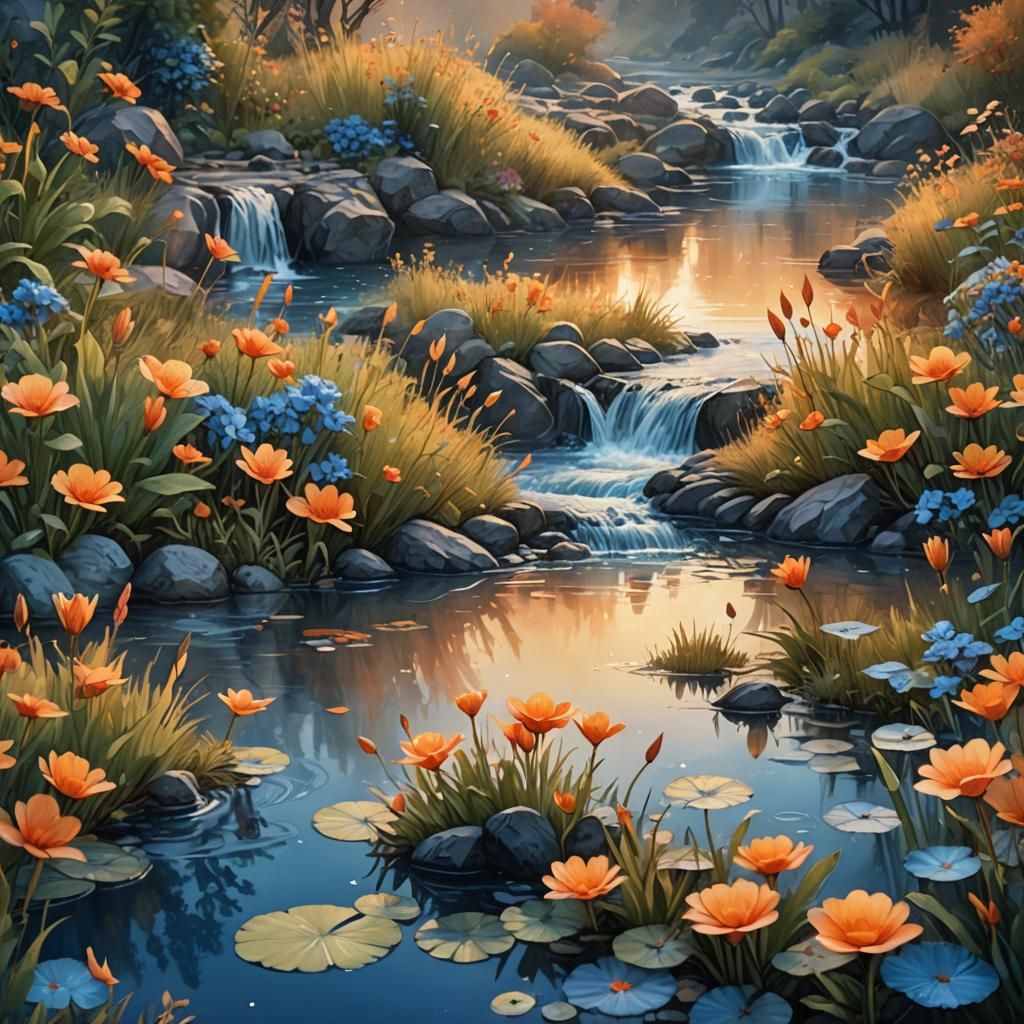 Misty Stream at Sunset: A Fantasy Matte Painting