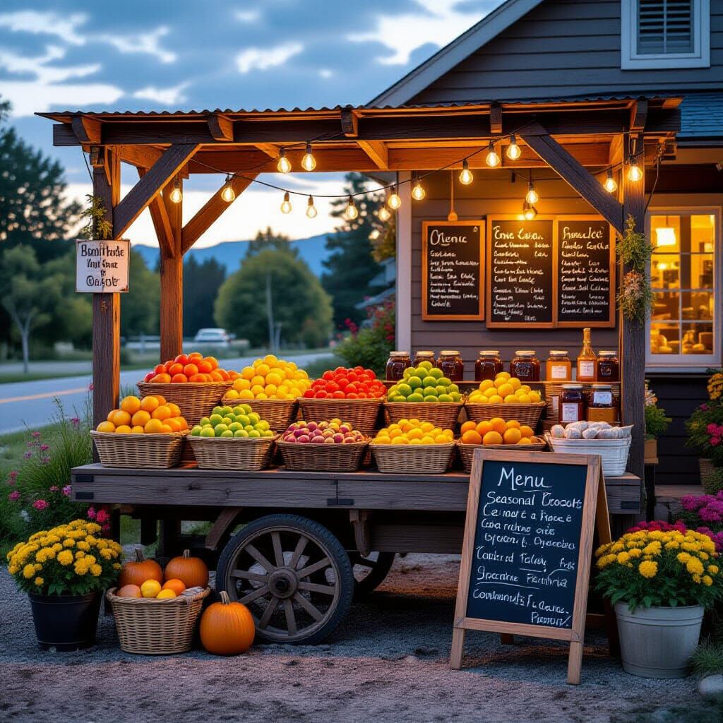 Build a scene centered around fresh goods and roadside charm. 🛻🍎 Think seasonal produce, handmade signs, ...  by @LordSamourai