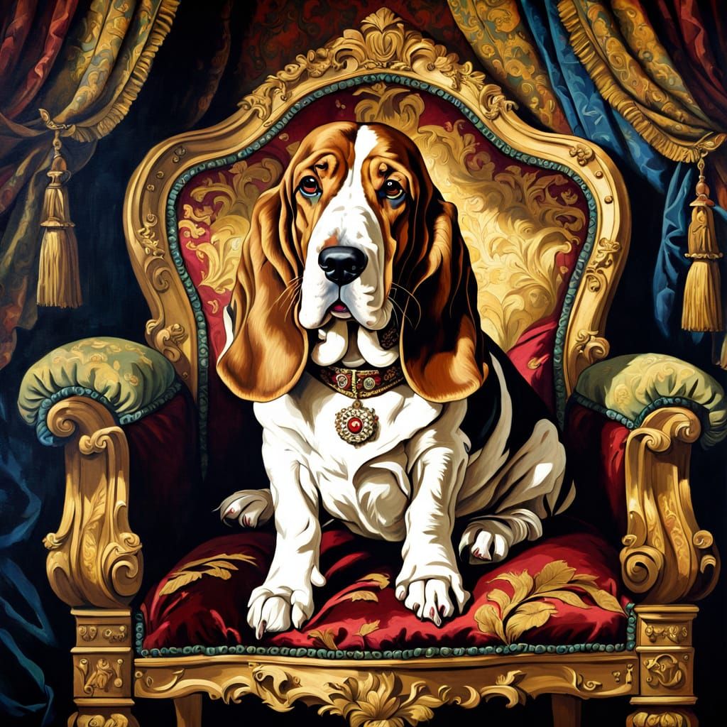 A regal Basset Hound in a royal portrait  by @undefined