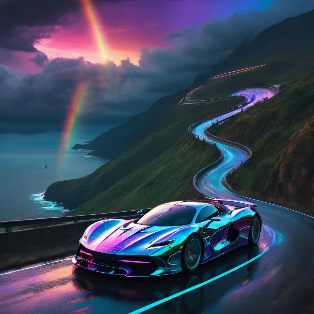 Supercar on Hillside Road: Holographic Astral Illustration