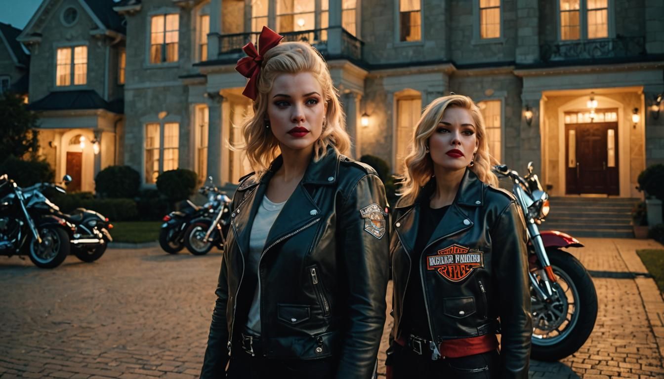 It is night. A Young and elegant beautiful woman with blonde hair with a red bow on her head, is standing next to a Harley Davidson Fat Boy...