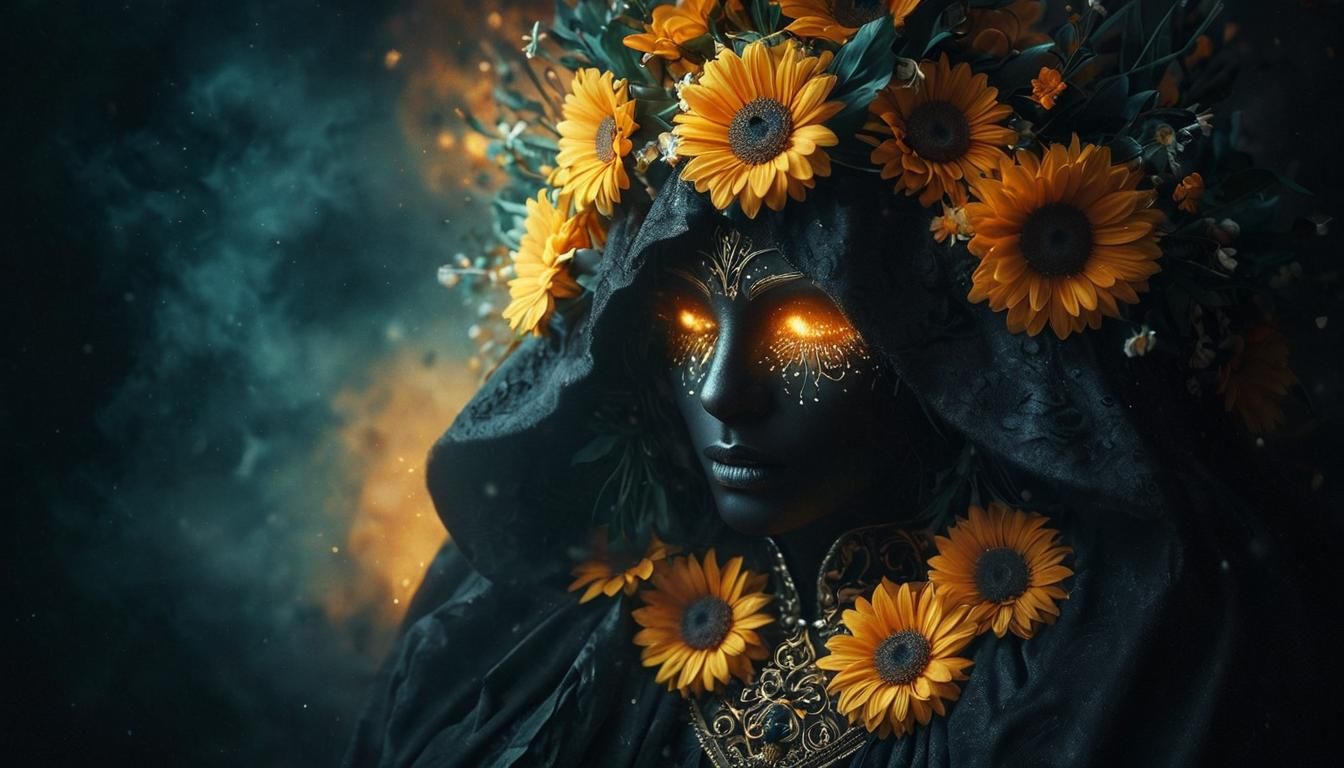 Eerie Figure in Dark Mist with Daisy Crown
