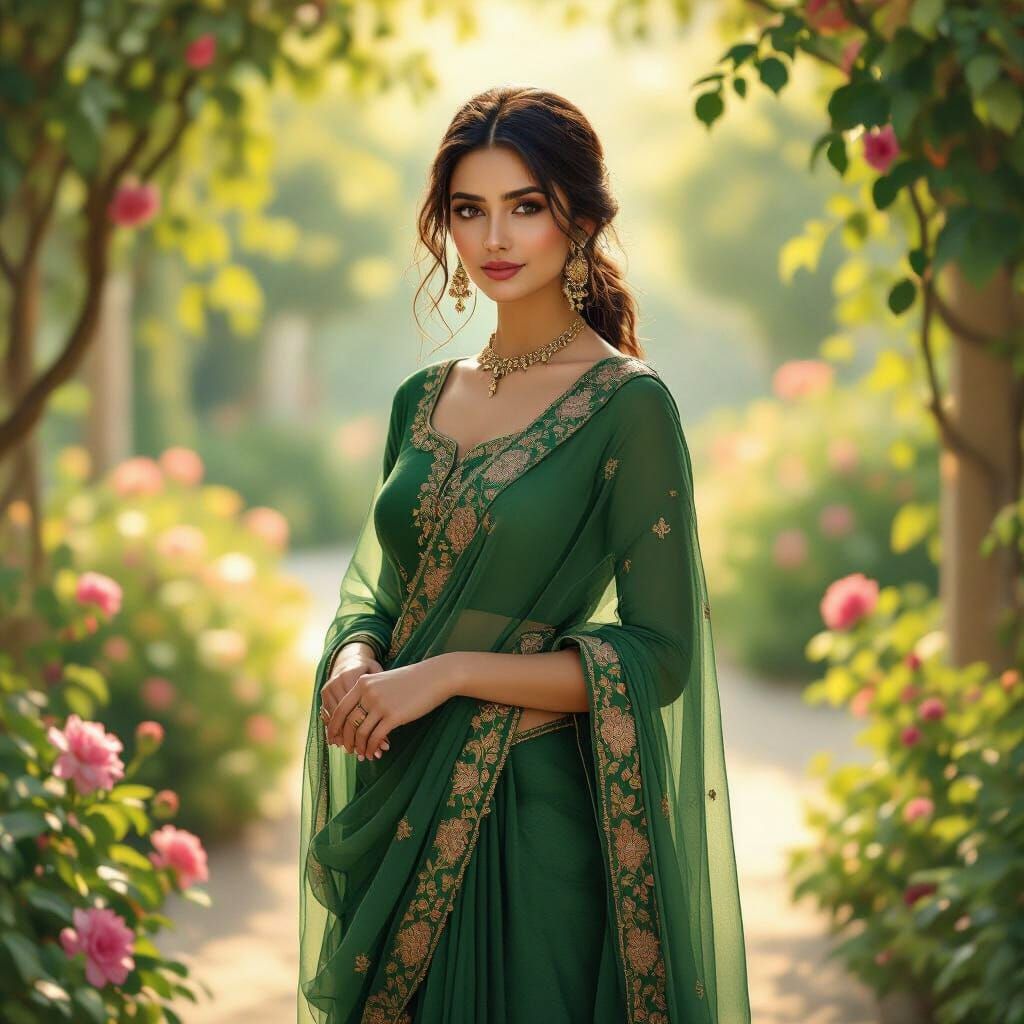 Woman in Green Dress in Golden Hour Garden