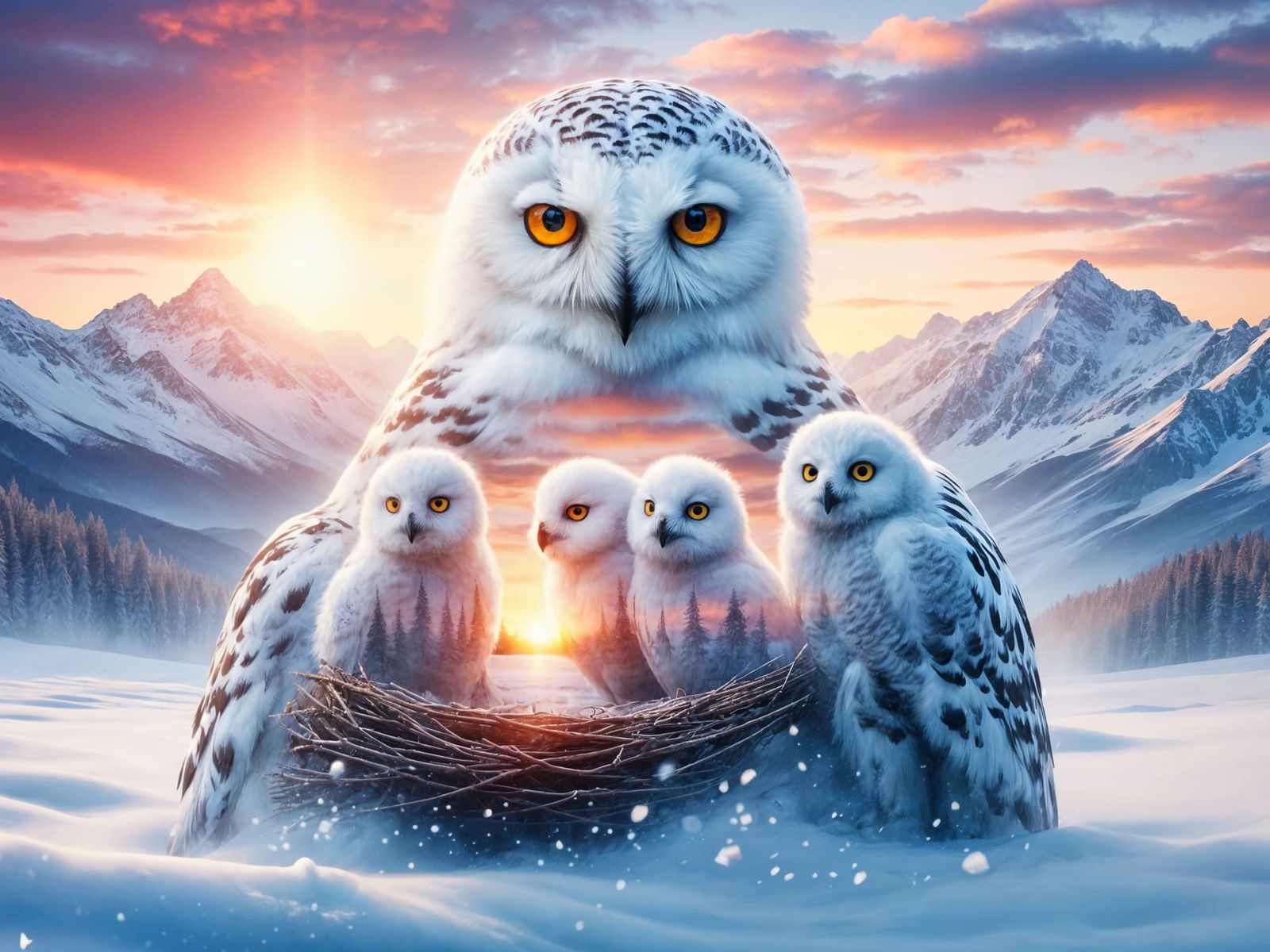 <lora:FiosDblexAnimals:1.0> Snowy Owl family