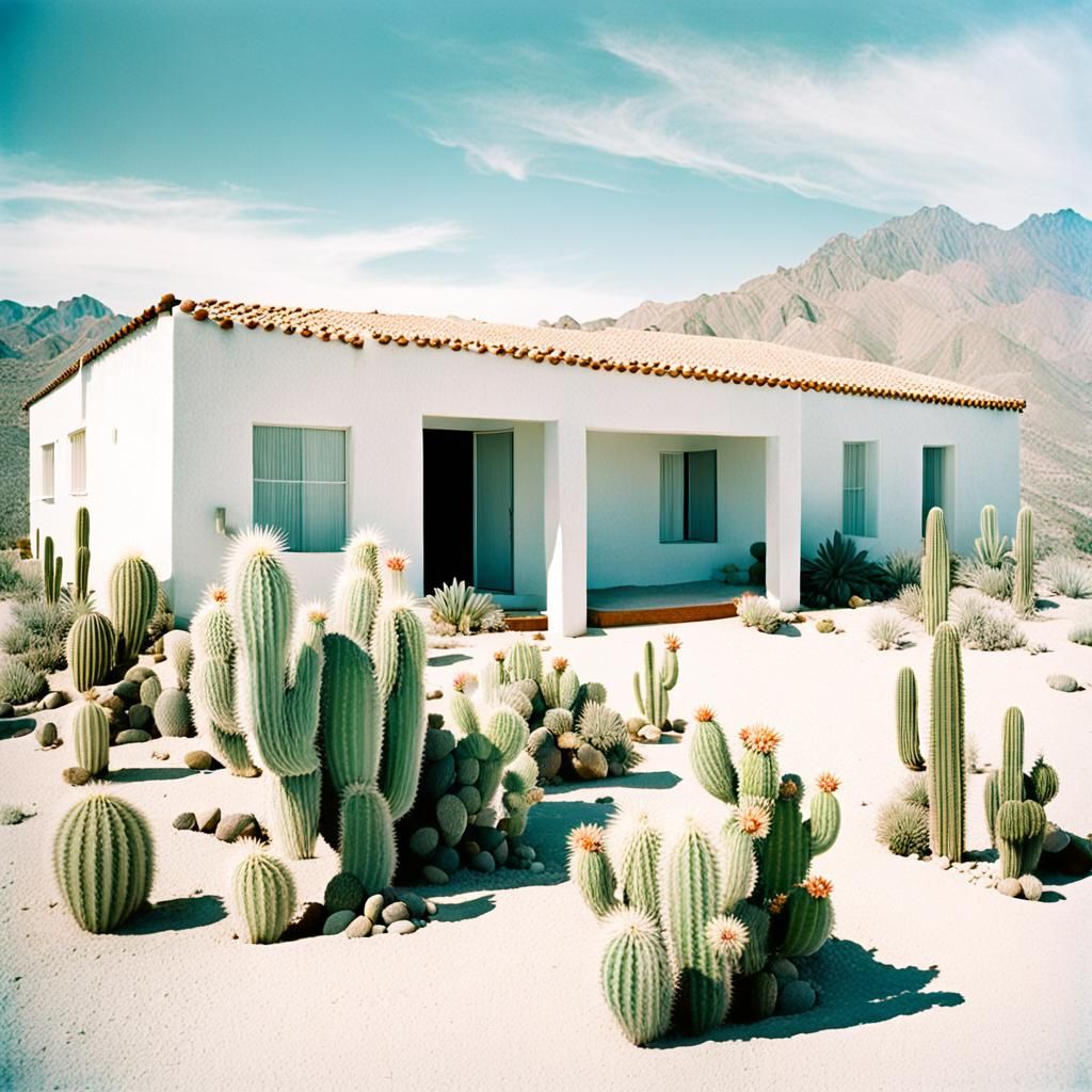 white home with cactus by enrique garcia, in the style of lo...