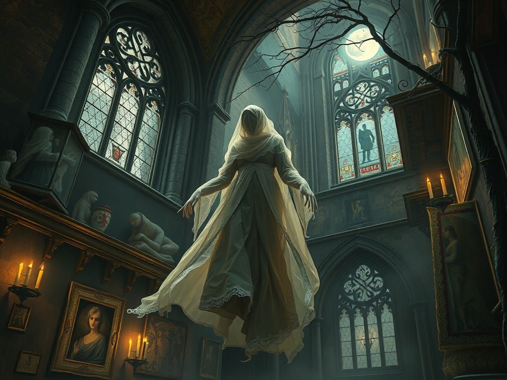 Spectral figure draped in tattered, ethereal robes gliding silently through ancient stone corridors flickering ...  by @very old cat