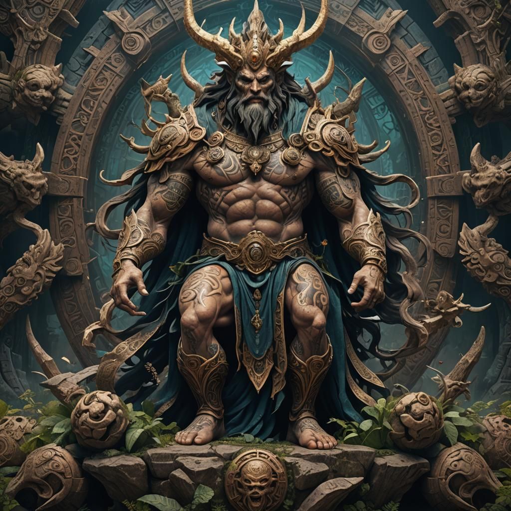 Beautiful and tattooed fallen ancient god