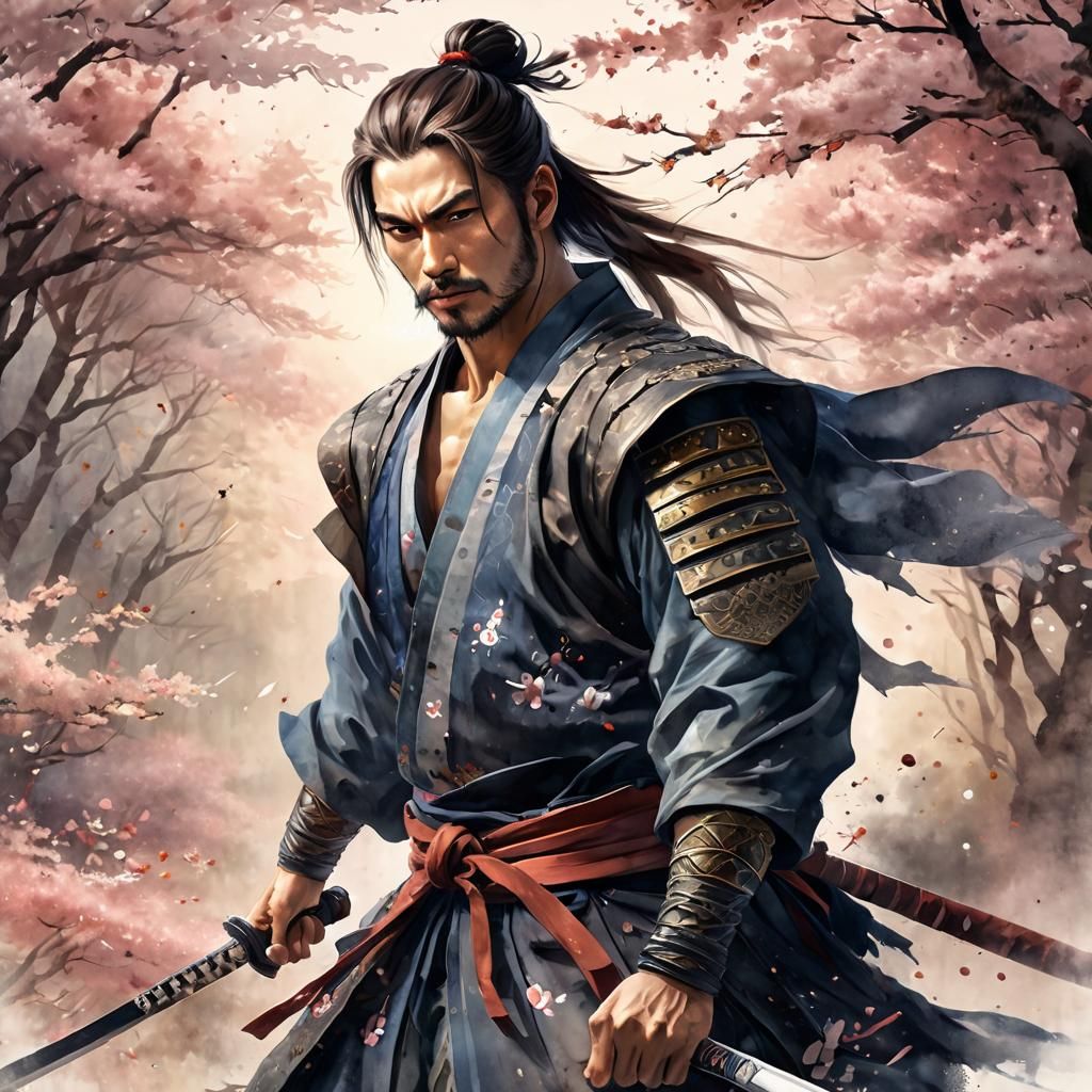A handsome male samurai watercolor masterpiece holding a kat...