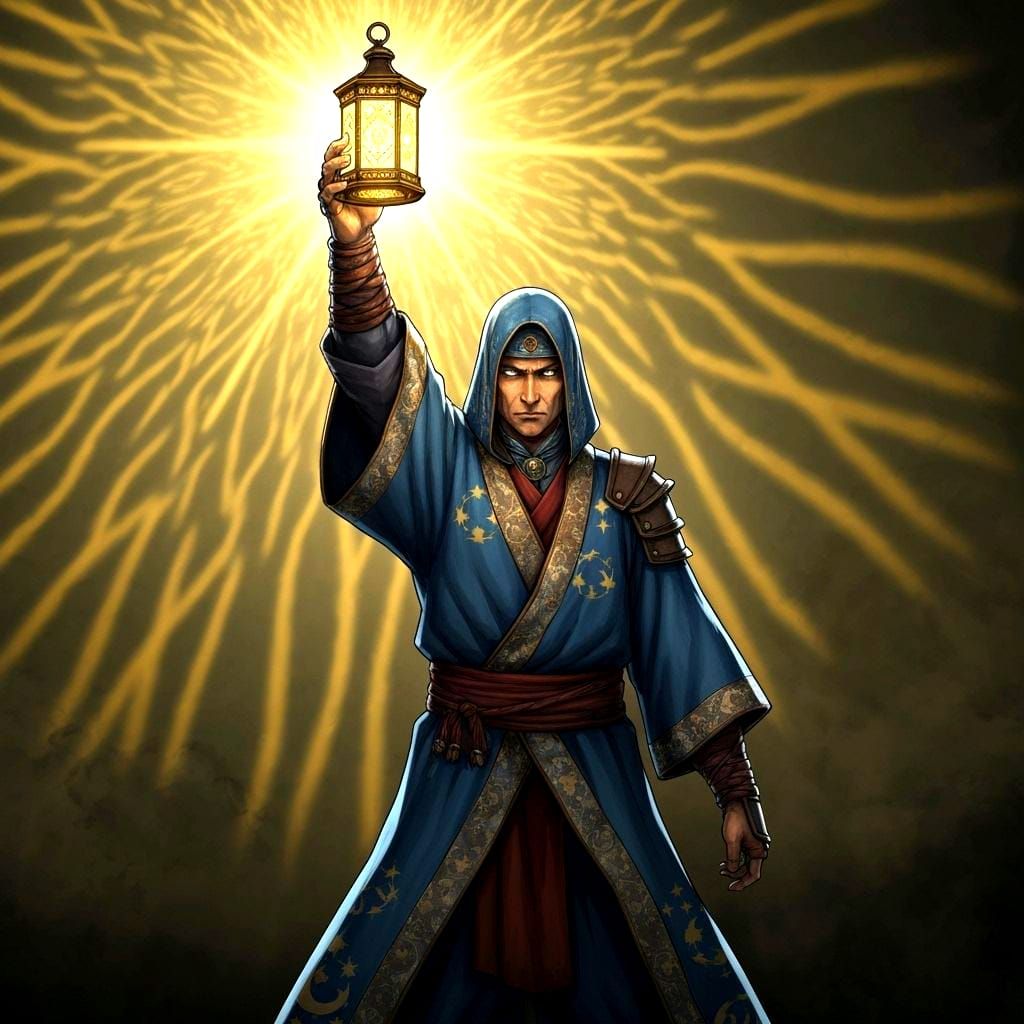 A mystical warrior, clad in robes adorned with celestial patterns, holds aloft a radiant, magical lantern that casts intricate, shifting sha...