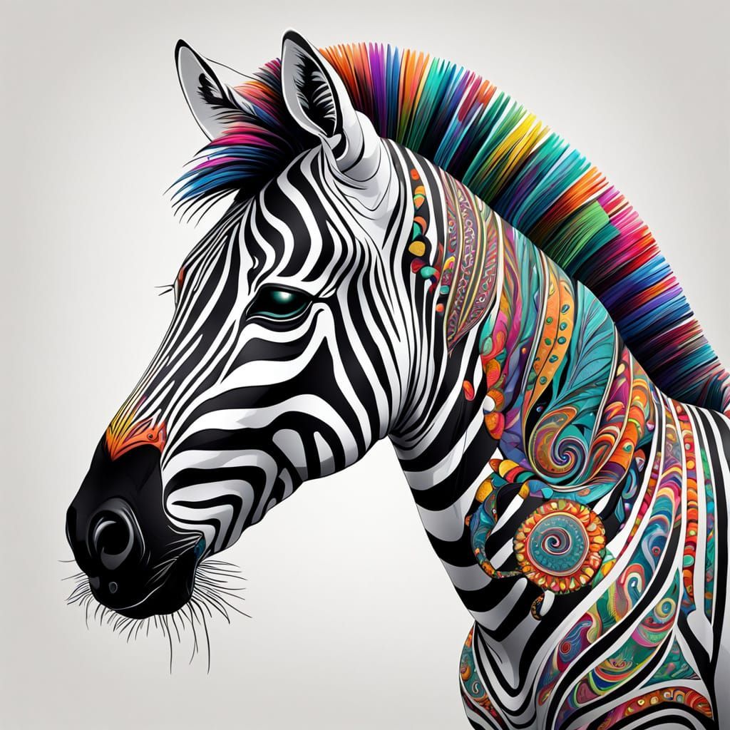 Zebra with colorful paisley shapes in place of stripes. Replace stripes with paisley shapes.  by @Gramma_to_2
