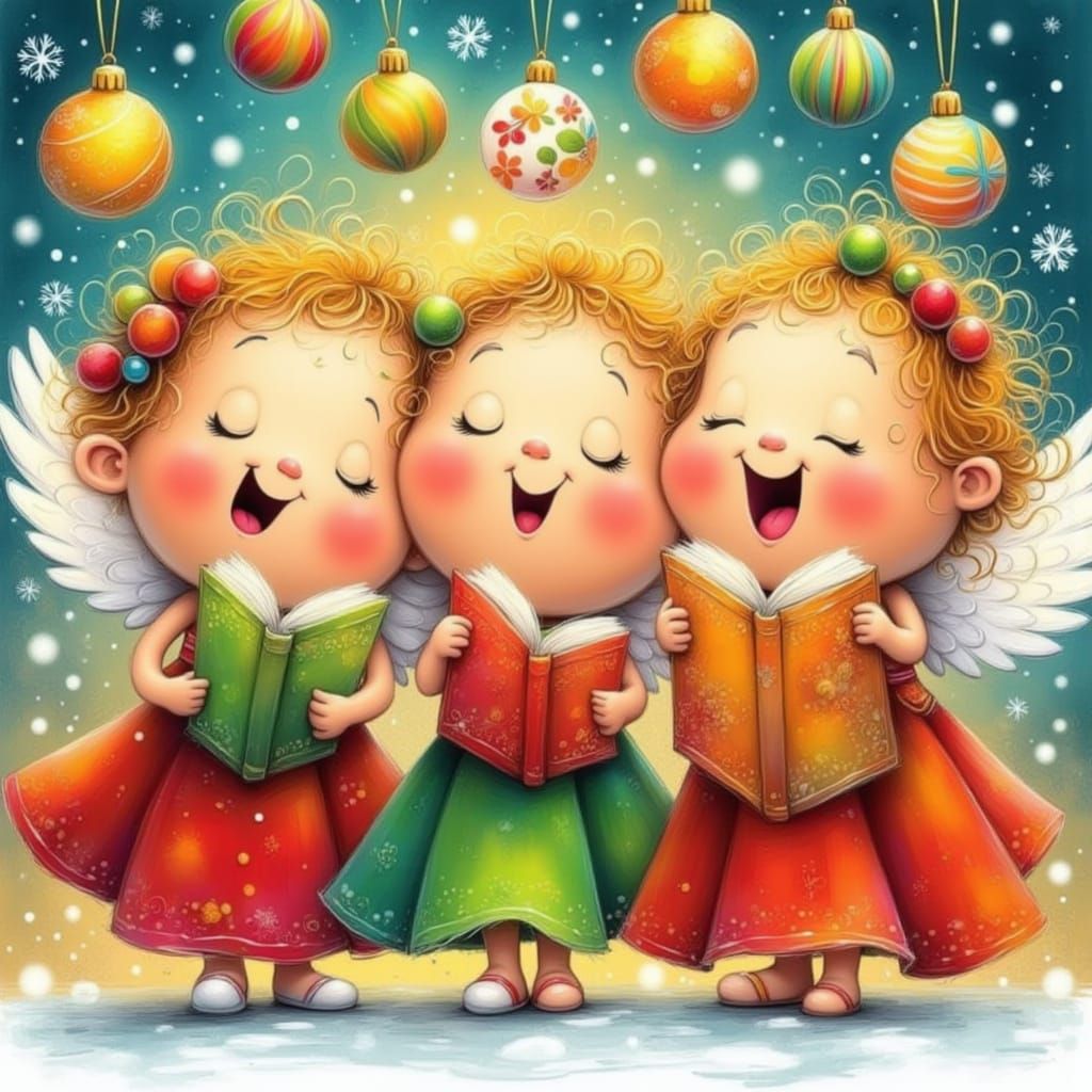 Chubby Angels Singing Carols in Festive Cartoon Style