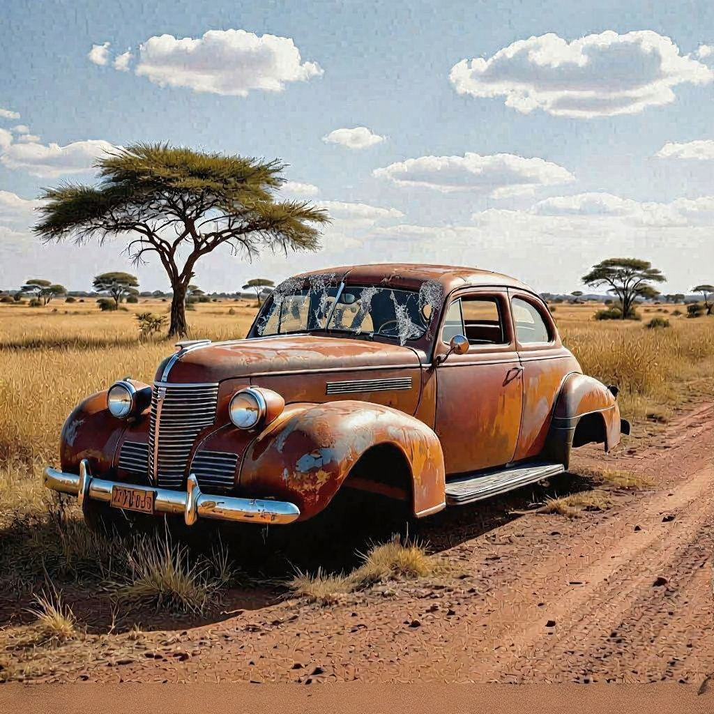 Rusted wreckage of a 1930's car next to a dusty rural African road