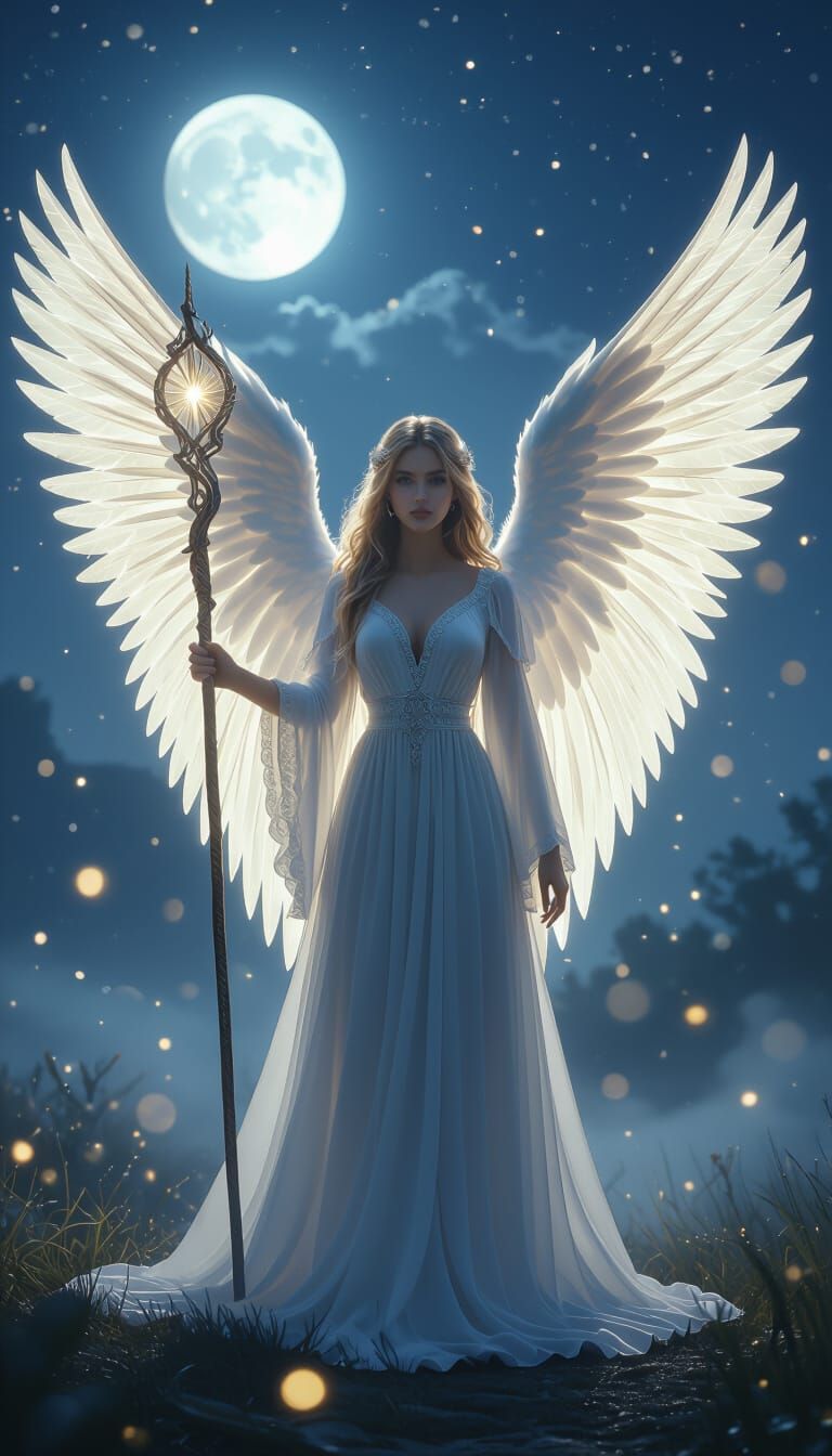 a beautiful realistic angel with transparent white skin and large shining wings, holding a magic staff, standing under the moonlight in a ca...