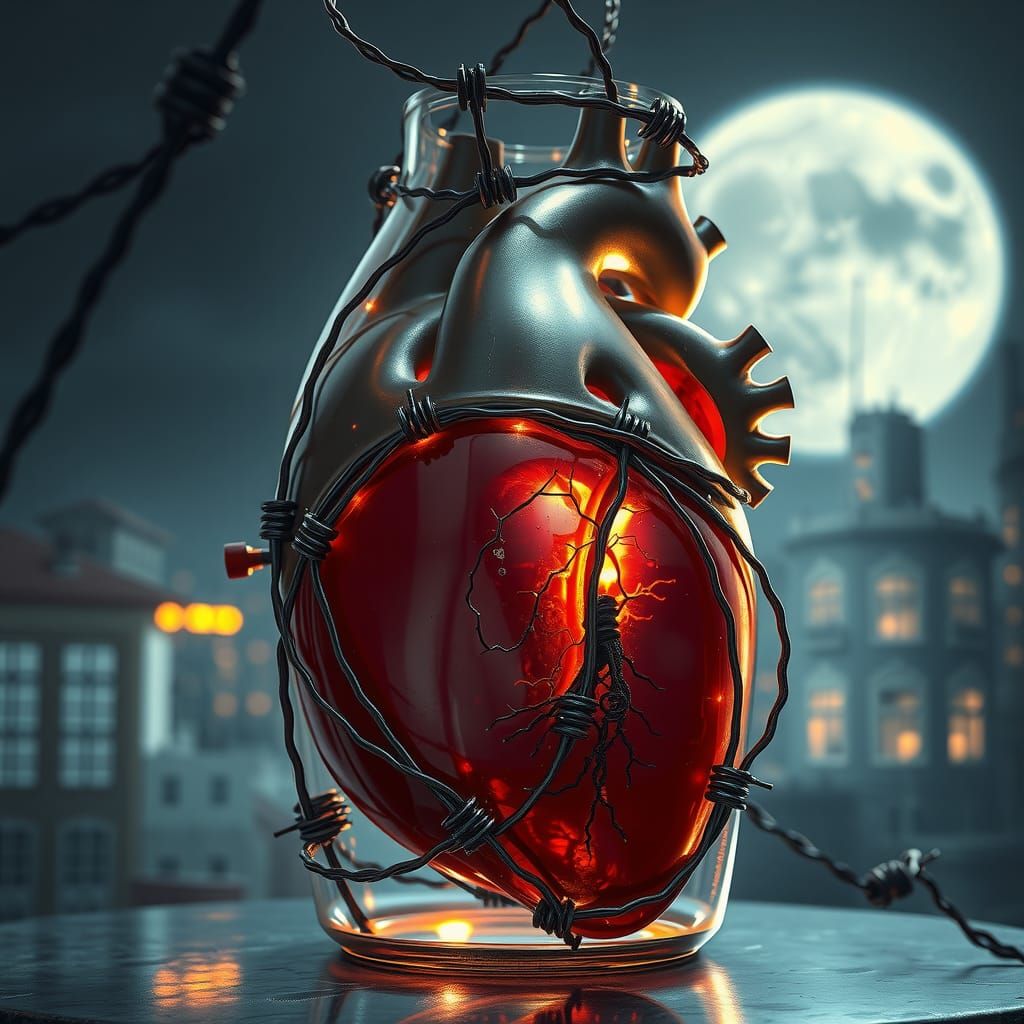 A human heart in a cyborg the veins and arteries extending f...
