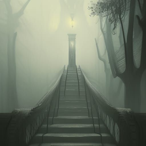 scary stairway in fog