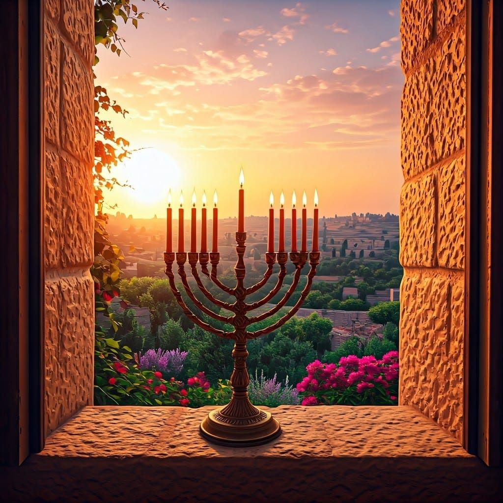 Majestic Hanukkah Menorah in a Dreamy Jerusalem Landscape