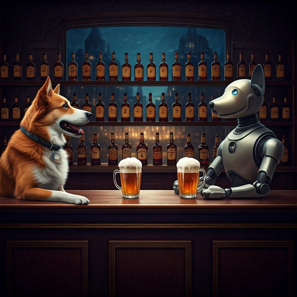 Dogs at a Bar: Cinematic Film Still