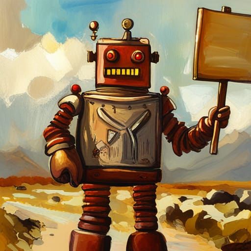 Clunky Robot Holding A Friendly Sign - Ai Generated Artwork - Nightcafe 