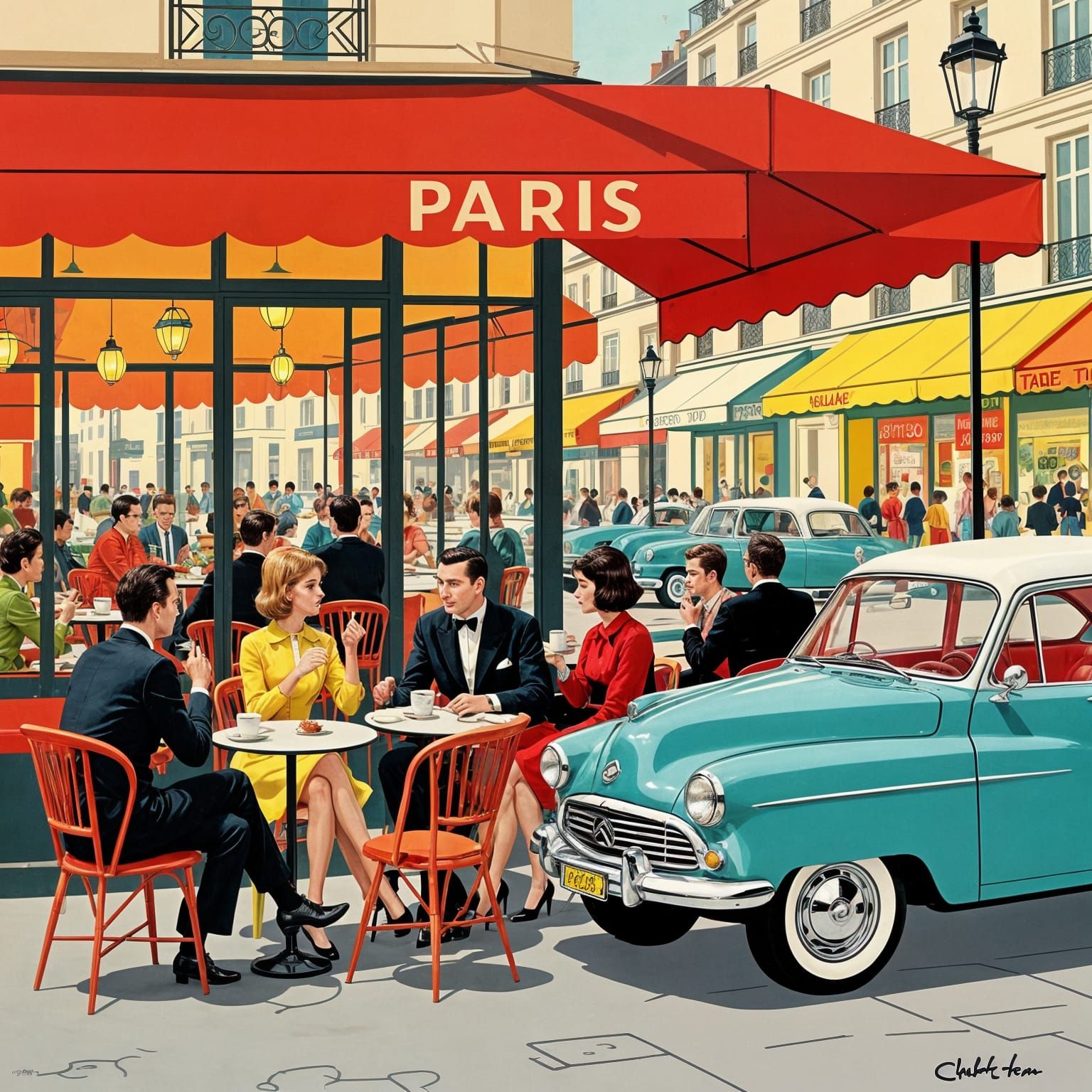 A bustling 1960s Parisian cafe scene, rendered with the bold, flat colors and clean lines of vintage mid-century illustration. Patrons in st...