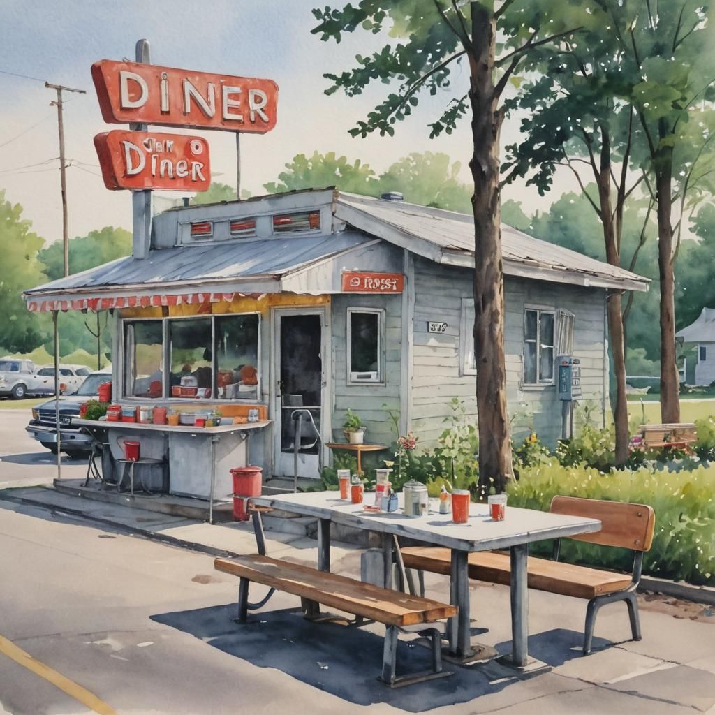 Roadside Diner, Watercolor  by @Jai