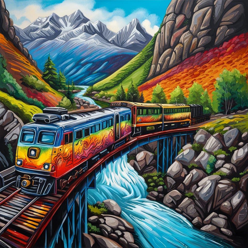 A tren locomotive on bridge with a river and beautiful mount...